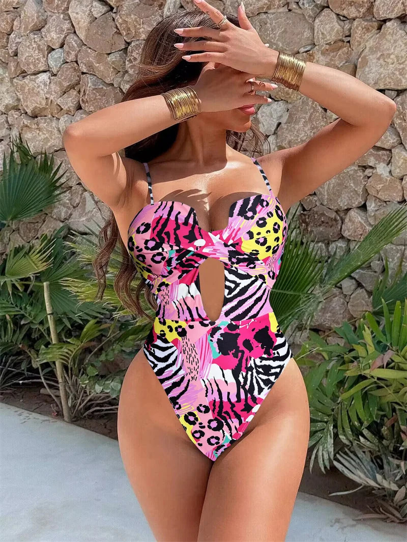 Sexy Leopard Print Women One Piece Swimwear 2025 High Waist Backless Monokini Hollow Out Bathing Suit