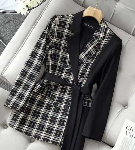 Korean Fashion Women Plaid Patchwork Double Breasted Bandage Blazer Coat Vintage Long Sleeve Temperament Tops Autumn Winter Chic
