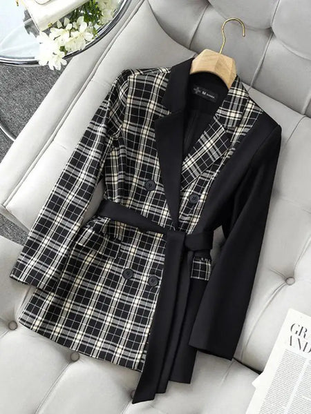 Korean Fashion Women Plaid Patchwork Double Breasted Bandage Blazer Coat Vintage Long Sleeve Temperament Tops Autumn Winter Chic