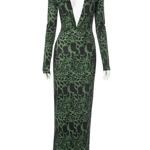 Load image into Gallery viewer, Elegant Long Sleeve Leopard Pattern Bodycon Party Evening Dress Women Sexy Deep V Slim Printed Long Dress 2025Spring New

