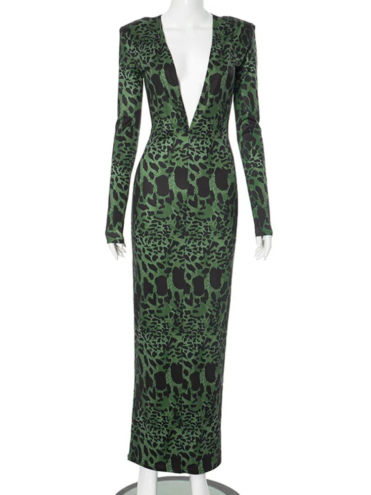 Elegant Long Sleeve Leopard Pattern Bodycon Party Evening Dress Women Sexy Deep V Slim Printed Long Dress 2025Spring New