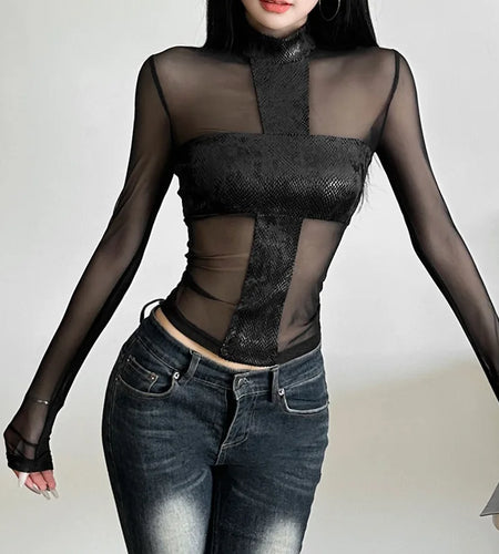 Y2k Aesthetic Cross Patchwork Gauze Shirts Streetwear Sexy Gothic Crop Tees Femme Harajuku Grunge See Through Women's T-shirt