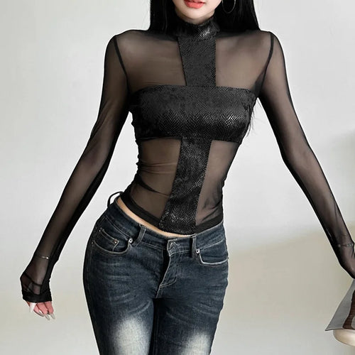 Load image into Gallery viewer, Y2k Aesthetic Cross Patchwork Gauze Shirts Streetwear Sexy Gothic Crop Tees Femme Harajuku Grunge See Through Women's T-shirt
