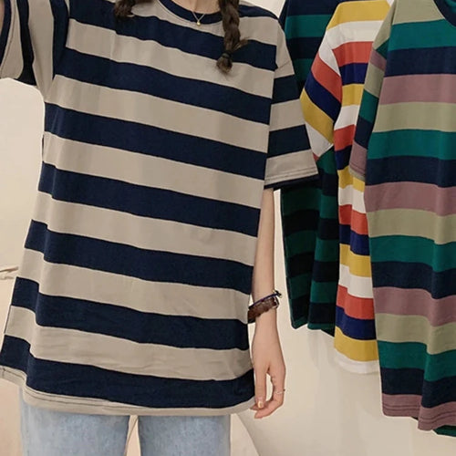 Load image into Gallery viewer, Fashion Spell Color T-shirt Female Loose Casual Gray Striped T-shirts Women O-neck Short Sleeve Korean Top Girls M-XL
