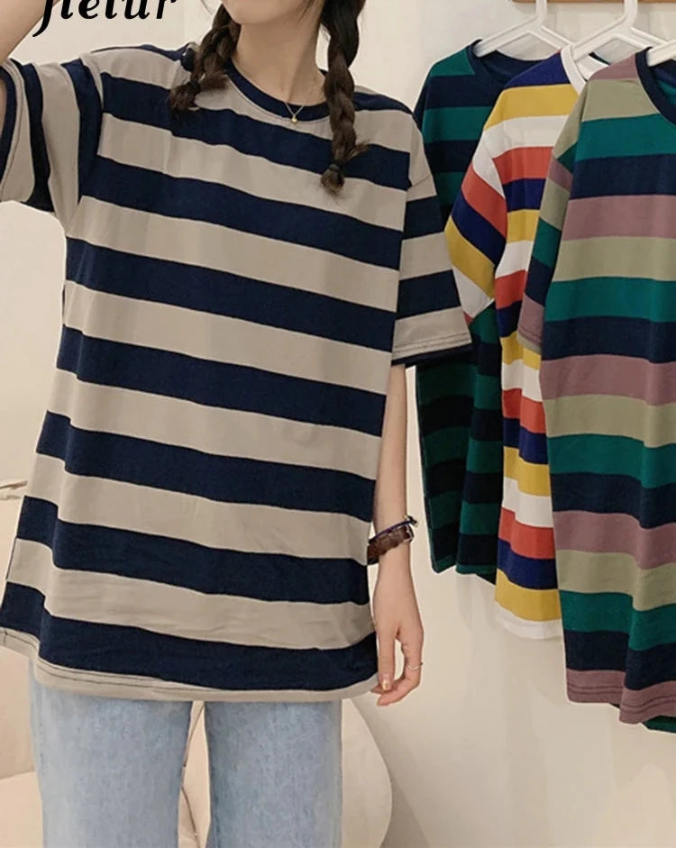 Fashion Spell Color T-shirt Female Loose Casual Gray Striped T-shirts Women O-neck Short Sleeve Korean Top Girls M-XL