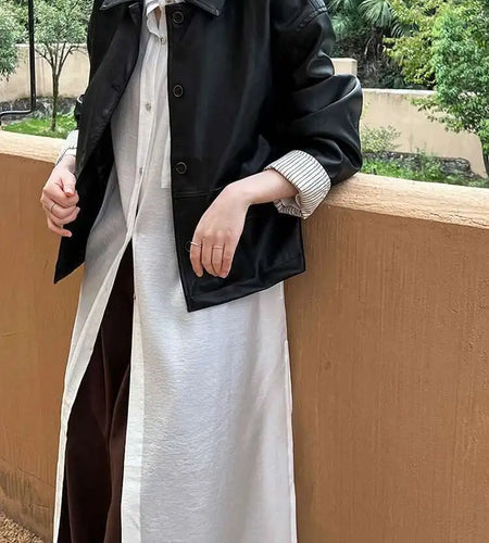 PU Leather Brown Big Size Short Vintage Jacket New Lapel Long Sleeve Women Coat Fashion Tide Spring Autumn 2025 1DH7206