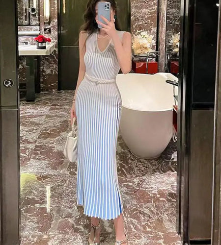 Korean Autumn White Stripe V Neck Elegant Wrap Hip Long Dress Vintage Women Temperament Sleeveless Knitted Vest Dress 2024 Trend