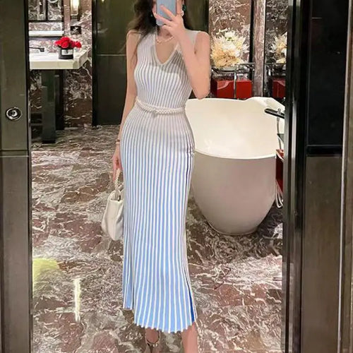 Load image into Gallery viewer, Korean Autumn White Stripe V Neck Elegant Wrap Hip Long Dress Vintage Women Temperament Sleeveless Knitted Vest Dress 2024 Trend
