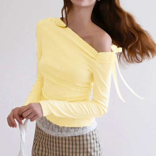 Load image into Gallery viewer, Coquette Crop Tops y2k Women Clothing Bow Lace Patchwork Off Shoulder Long Sleeve T Shirts 2000s Clothes Streetwear
