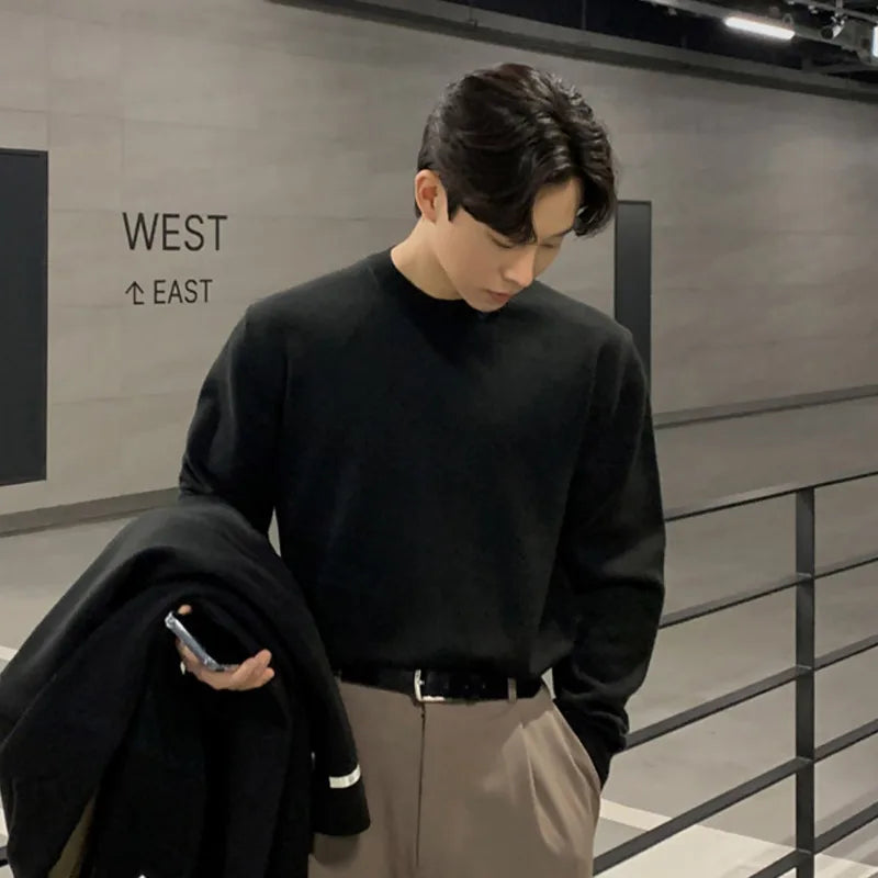 Men's Swearter New Korean Style Handsome Simple Solid Color Trendy Pullover Long Sleeve Stylish Male Casual Clothing 9W1818