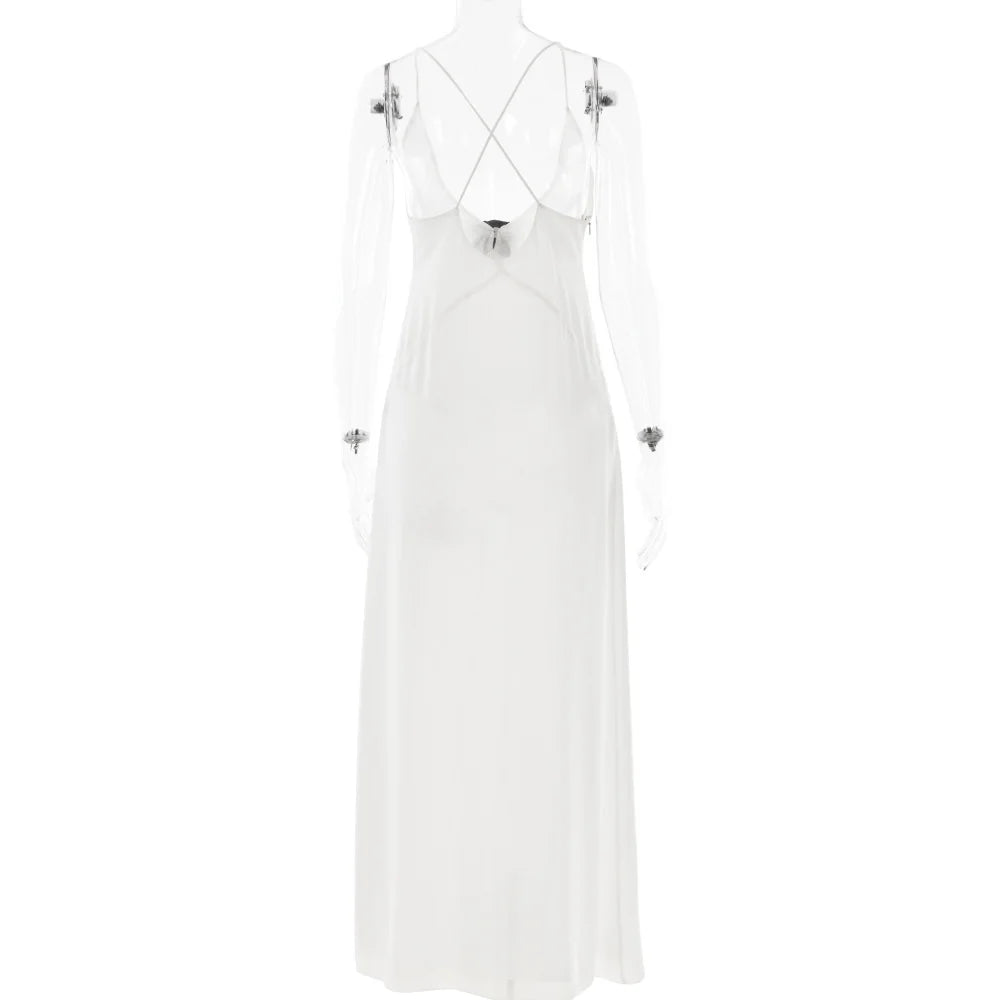 Deep V Neck Tie Flower Backless Maxi Dress Women New Spaghetti Strap Sleeveless Long Dress Elegant Sexy Club Slipdress