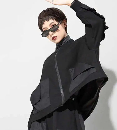Loose Fit Black Pocket Ruffles Big Size Jacket New Stand Collar Long Sleeve Women Coat Fashion Autumn Winter 2025 1DD3814