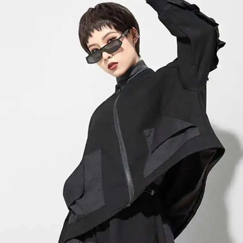 Load image into Gallery viewer, Loose Fit Black Pocket Ruffles Big Size Jacket New Stand Collar Long Sleeve Women Coat Fashion Autumn Winter 2025 1DD3814
