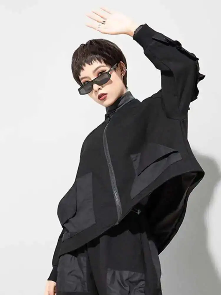 Loose Fit Black Pocket Ruffles Big Size Jacket New Stand Collar Long Sleeve Women Coat Fashion Autumn Winter 2025 1DD3814