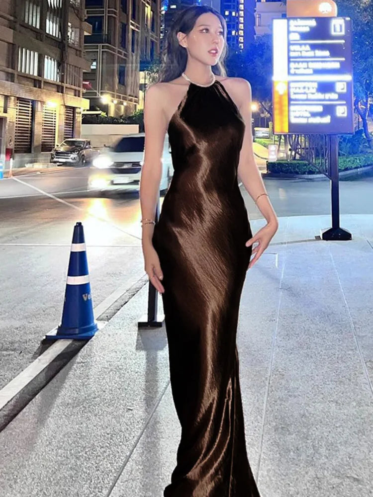 Elegant Sleeveless Satin Bodycon Party Club Evening Dress Women's Summer New Sexy Bag Hip Skirt Backless Strap Vestidos