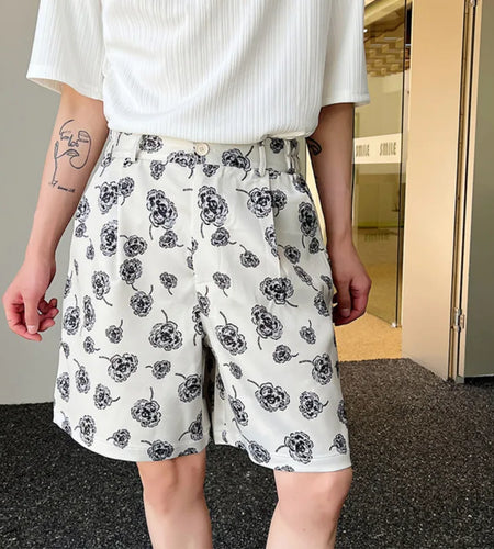 Male Summer Korean Printing Casual Shorts Wide Leg Knee Lenght Flowers Short Pants Men's Trendy Loose Everyday 9A8876