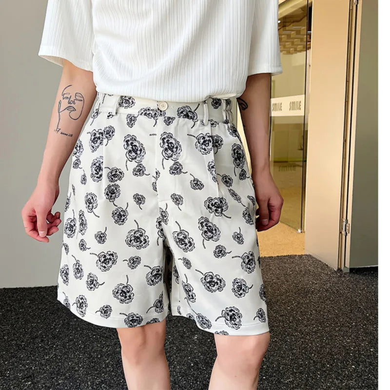 Male Summer Korean Printing Casual Shorts Wide Leg Knee Lenght Flowers Short Pants Men's Trendy Loose Everyday 9A8876