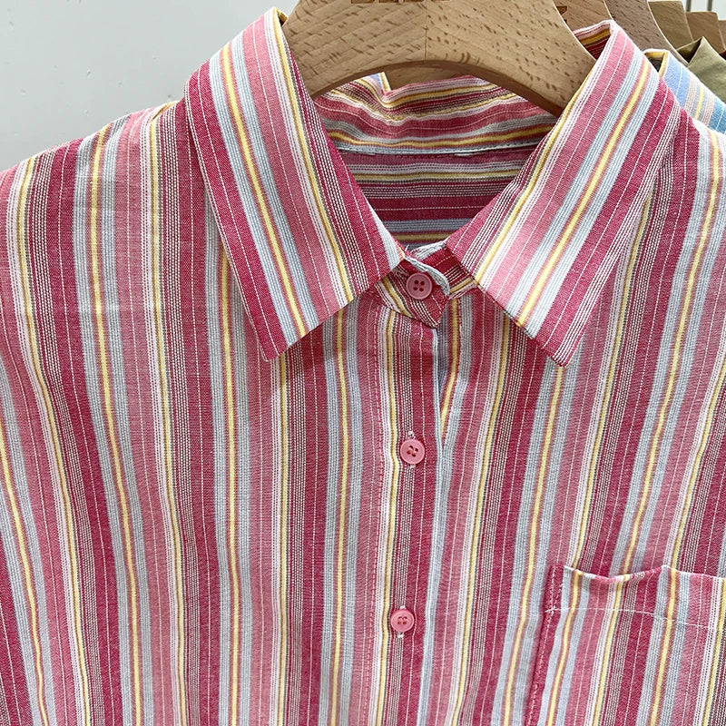 Women Pink Striped Loose Blouse 2023 Office Turn-down Collar Long Sleeve Vintage Blue Patchwork Single Breasted Top Shirt Autumn