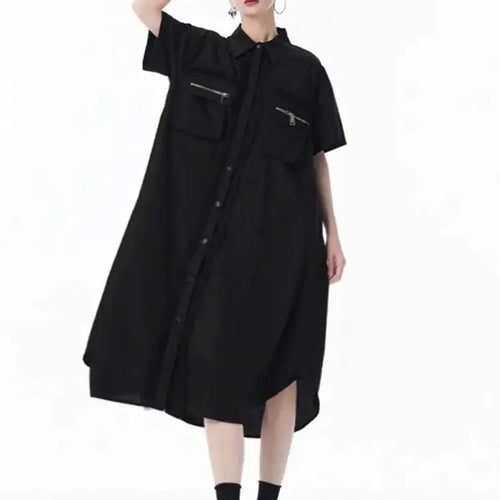 Load image into Gallery viewer, Women White Mesh Color-block Big Size Midi Shirt Dress New Lapel Short Sleeve Fashion Tide Spring Summer 2025 1DJ0003
