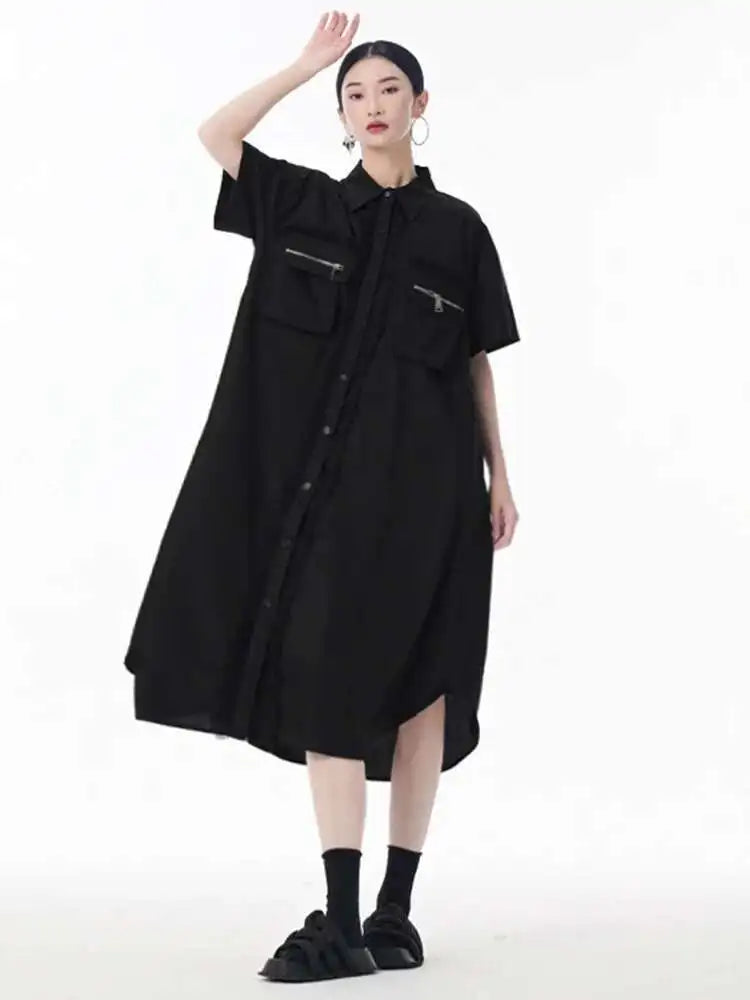 Women White Mesh Color-block Big Size Midi Shirt Dress New Lapel Short Sleeve Fashion Tide Spring Summer 2025 1DJ0003