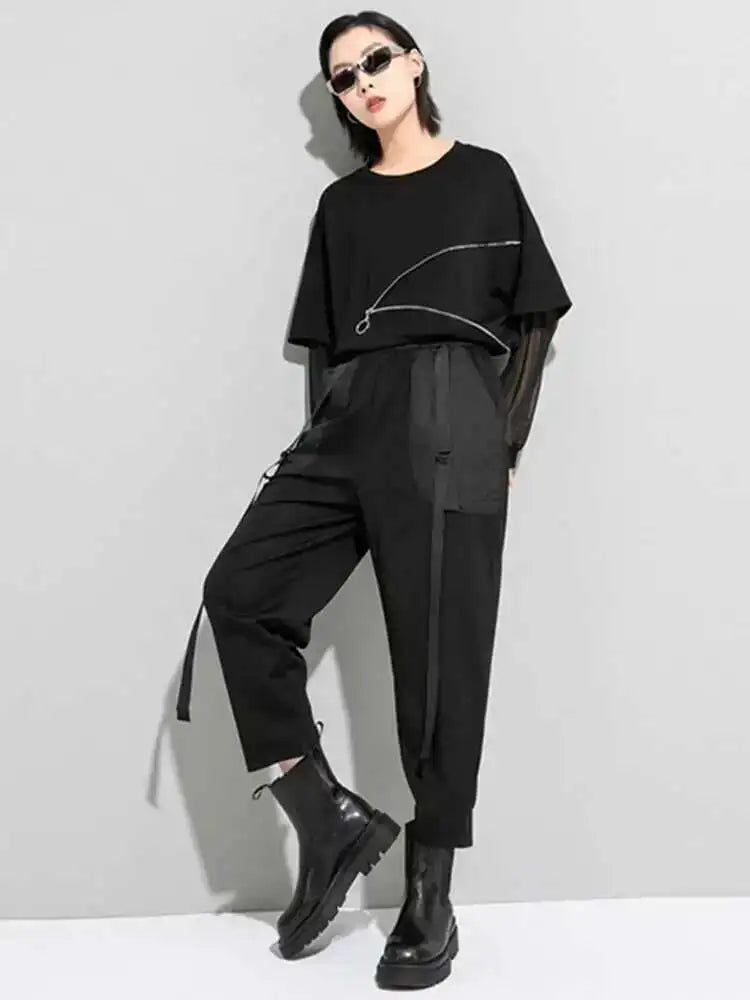 High Elastic Waist Black Pocket Split Long Harem Trousers New Loose Fit Pants Women Fashion Spring Autumn 2025 1DD5773