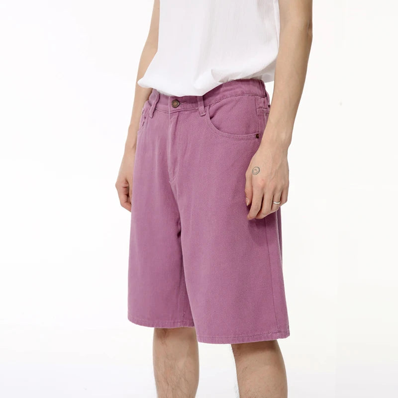 High Street Men's Denim Shorts Loose Straight Wide Leg Jeans Solid Color Male Casual Trousers Chic Summer 9C6387