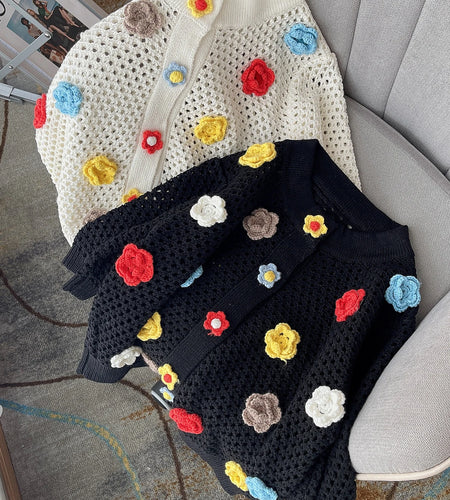 Women Fashion Ribbed Trims Floral Knitted Sweater Vintage Short Sleeve Button-up Female Cardigan Chic Tops  C-004