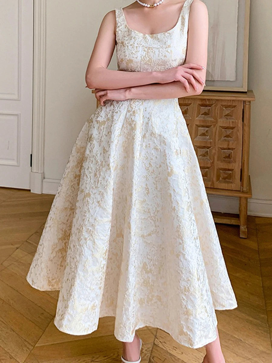 Solid Spliced Slimming Dresses For Women Square Neck Sleeveless High Waist Temperament Dress Female Fashion Style