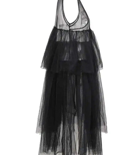 Women Black Irregular Ruffles Mesh Elegant Perspective Dress New Round Neck Sleeveless Fashion Spring Summer 2025 CPDB108