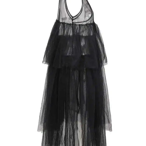 Load image into Gallery viewer, Women Black Irregular Ruffles Mesh Elegant Perspective Dress New Round Neck Sleeveless Fashion Spring Summer 2025 CPDB108
