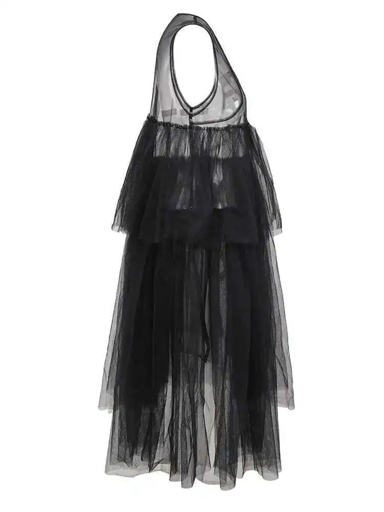 Women Black Irregular Ruffles Mesh Elegant Perspective Dress New Round Neck Sleeveless Fashion Spring Summer 2025 CPDB108