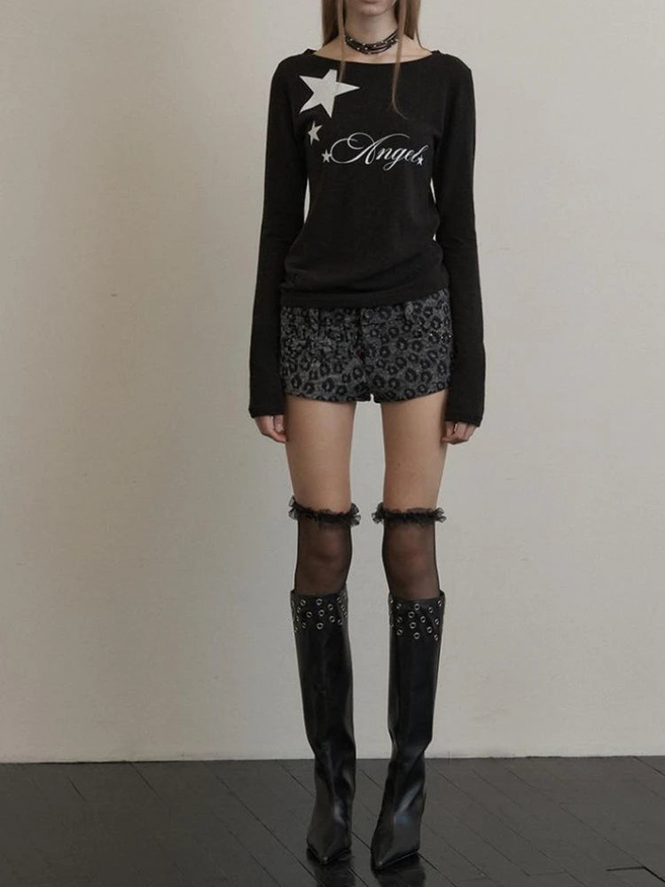 Y2k Aesthetic Letter Star Printing Vintage Tshirts Women Straight Barrel Grunge Autumn Tees Harajuku Simple Streetwear T Shirt