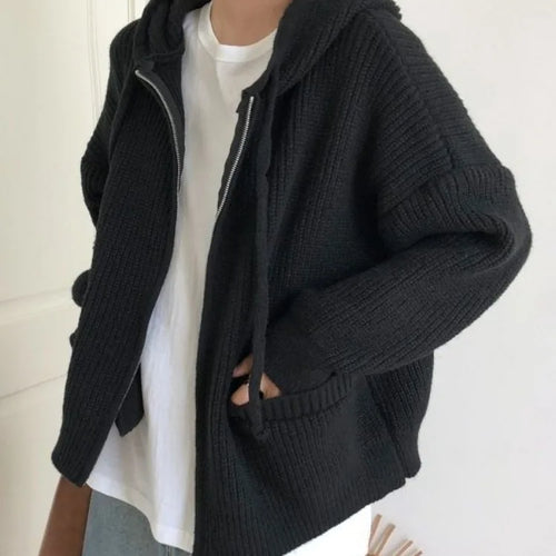 Load image into Gallery viewer, Double Zipper Women Y2k Knitwear Autumn Ladies Streetwear Jacket Sweater Coat Grunge Vintage Loose Solid Hooded Cardigans Damski
