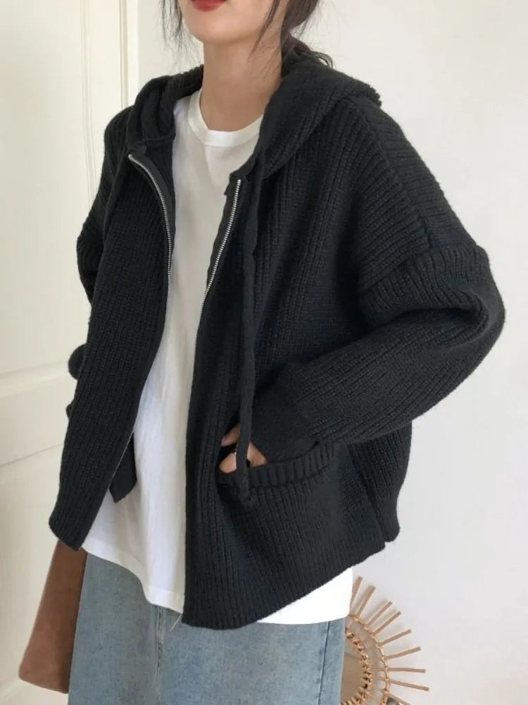 Double Zipper Women Y2k Knitwear Autumn Ladies Streetwear Jacket Sweater Coat Grunge Vintage Loose Solid Hooded Cardigans Damski