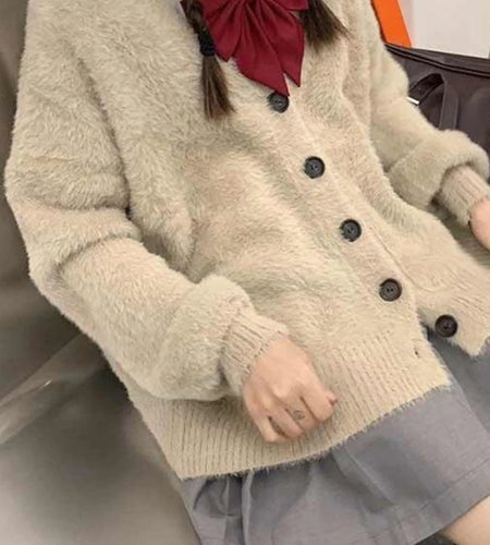 Thick Fluffy Cashmere Cardigan Women Casual V-neck Japanese Kawaii Puff Sleeve Sweater Coat Knitted Jumper Kardigan