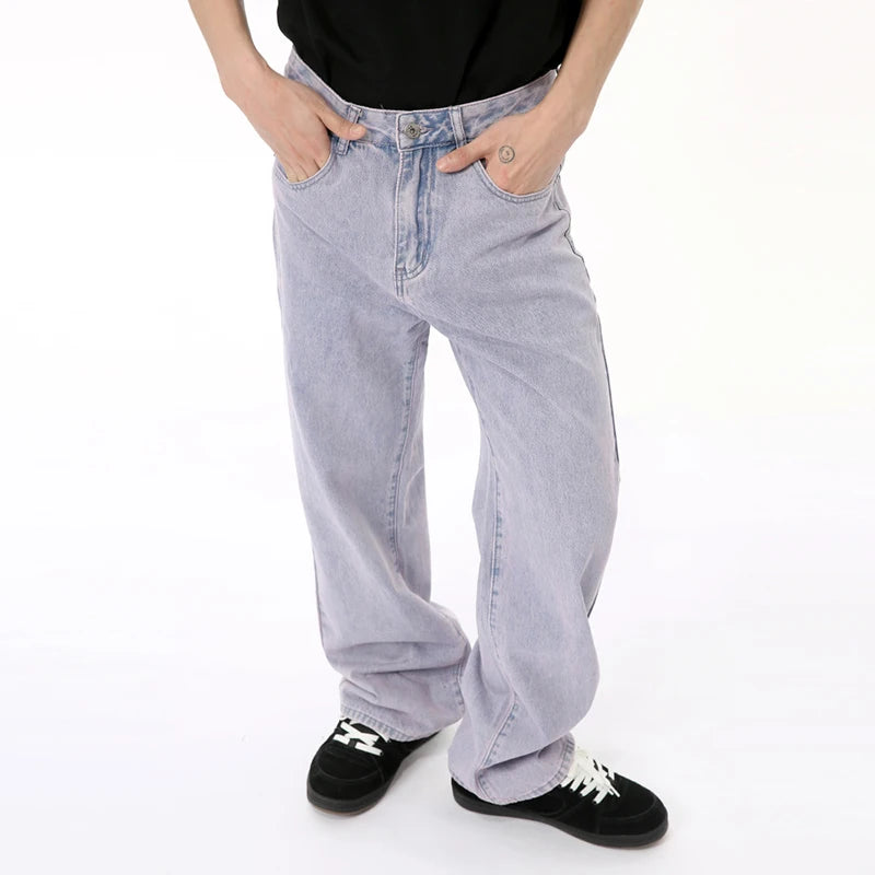 Male Light Purple Denim Pants American High Street Straight Wide Leg Loose Wash Men's Jeans Summer Chic Now 9C6690