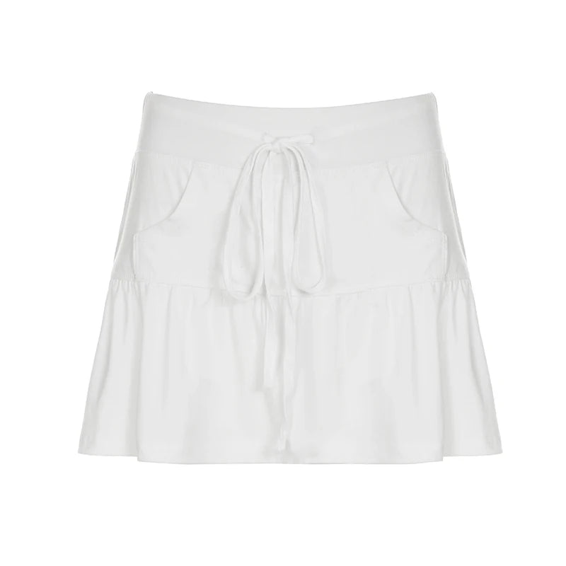 Sports Style Drawstring Strap Split A-Line Skirts Women Summer T-shaped Pocket Solid Mini Bottoms Y2K Aesthetics 2025