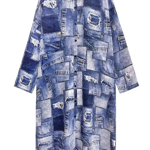 Load image into Gallery viewer, Women Blue Printed Big Size Midi Shirt Dress New Lapel Long Sleeve Loose Fit Fashion Tide Spring Autumn 2025 1DH0515
