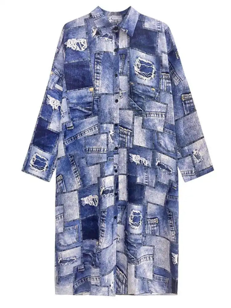 Women Blue Printed Big Size Midi Shirt Dress New Lapel Long Sleeve Loose Fit Fashion Tide Spring Autumn 2025 1DH0515