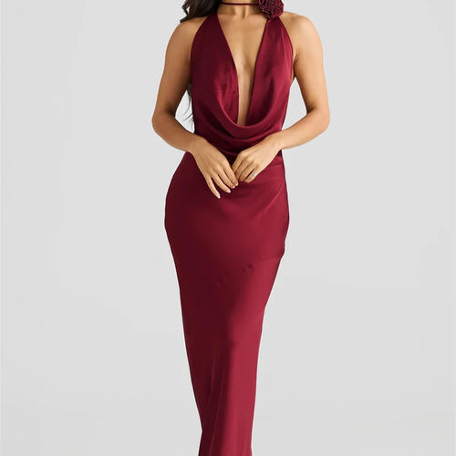 Load image into Gallery viewer, Satin Halter Backless Sexy Maxi Dress Women Gown Elegant Solid Sleeveless Lace-up High Waist Evening Club Long Dress
