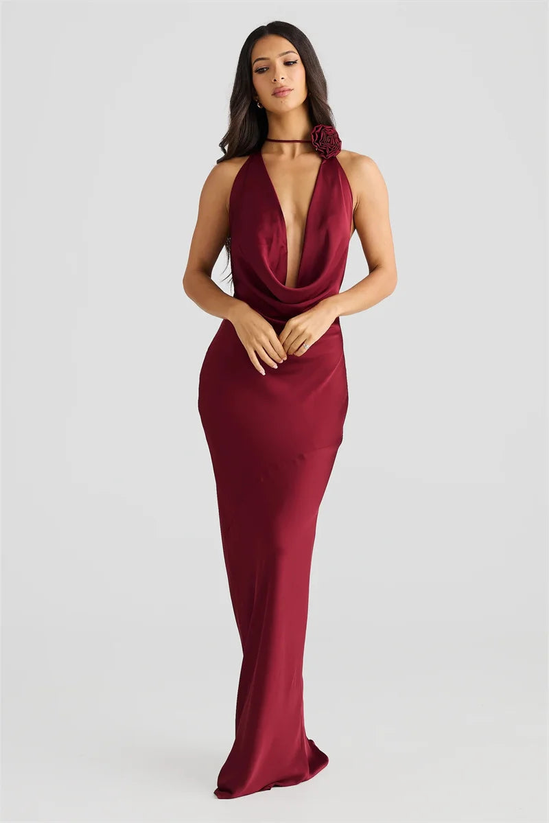 Satin Halter Backless Sexy Maxi Dress Women Gown Elegant Solid Sleeveless Lace-up High Waist Evening Club Long Dress