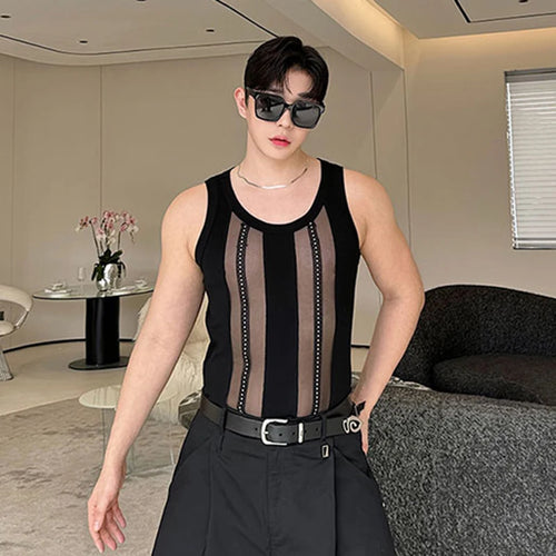 Load image into Gallery viewer, Summer American Men&#39;s Vest Vintage Hollow-out Spliced Sleeveless Knitted Tank Top Sexy Style Perspective Men Tee 9C5987
