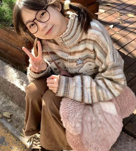 Y2k Aesthetic Japanese Knit Cardigan Kawaii Dog Embroidery Harajuku  Femme Striped Preppy Autumn Zipper y Womens