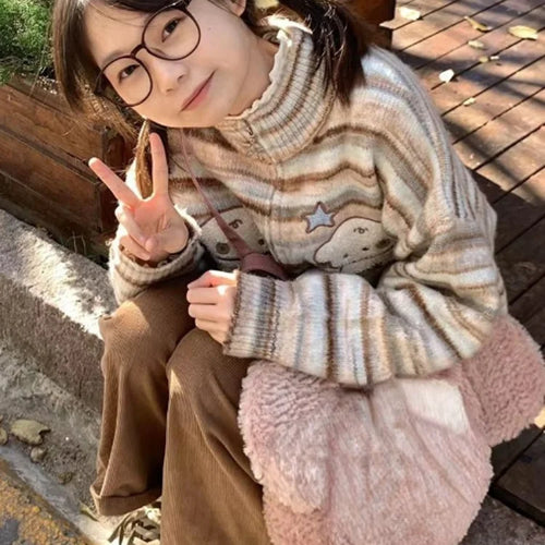 Load image into Gallery viewer, Y2k Aesthetic Japanese Knit Cardigan Kawaii Dog Embroidery Harajuku  Femme Striped Preppy Autumn Zipper y Womens
