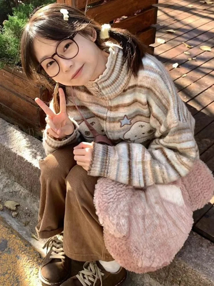 Y2k Aesthetic Japanese Knit Cardigan Kawaii Dog Embroidery Harajuku  Femme Striped Preppy Autumn Zipper y Womens