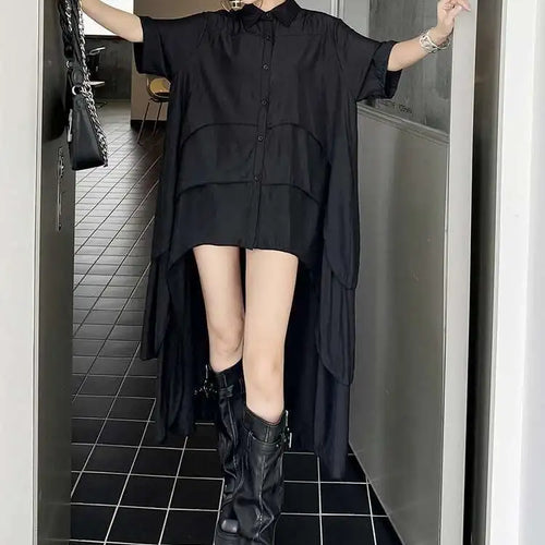Load image into Gallery viewer, Women Black Layers Back Long Big Size Long Shirt Dress New Lapel Short Sleeve Fashion Tide Spring Summer 2025 1DH6073
