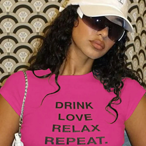 Load image into Gallery viewer, Classic Fashion Woman T-Shirt Belly Button Letter Print Pleats Unique Design Regular Casual Summer Fit Streets Mini Top
