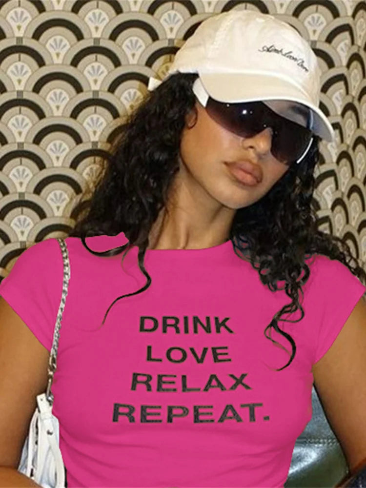 Classic Fashion Woman T-Shirt Belly Button Letter Print Pleats Unique Design Regular Casual Summer Fit Streets Mini Top