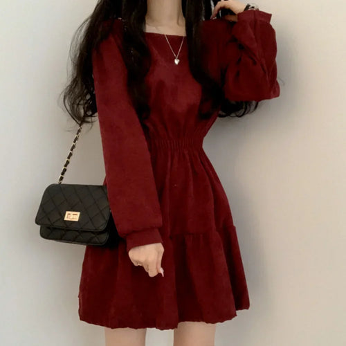 Load image into Gallery viewer, Vintage Mini Dress Women Sweet Retro Wrap Square Collar Long Sleeve Short Dresses Solid 3 Colors Preppy Style Clothes
