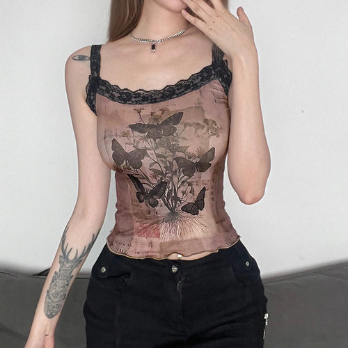 Load image into Gallery viewer, Y2K Brown Vintage Lace Trim Summer Camis Tops Butterfly Flowers Print Mini Crop Top Women Cute 2000s Aesthetic Frills
